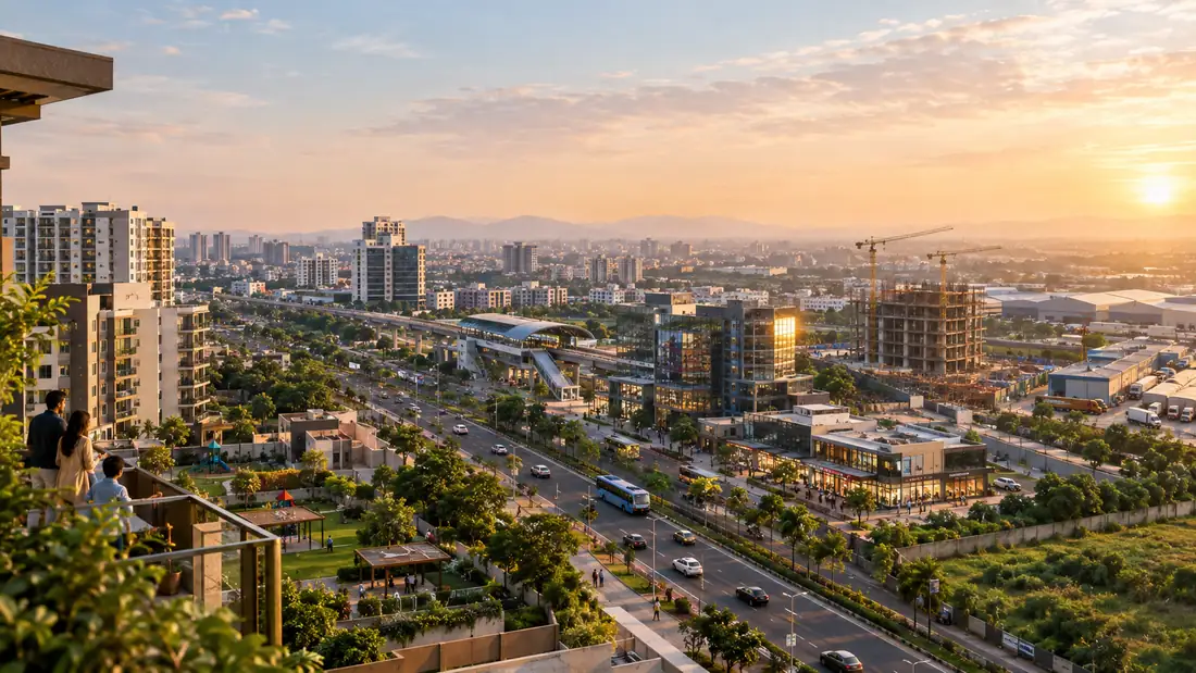 A growing smaller city with new apartments, a metro line and offices at sunset